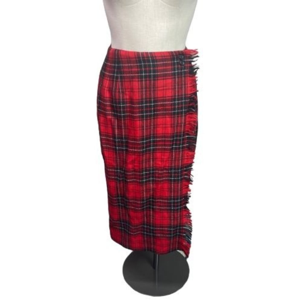Rafaella 80s Worsted Wool Red & Black Plaid Midi Fringe Wrap Skirt 8